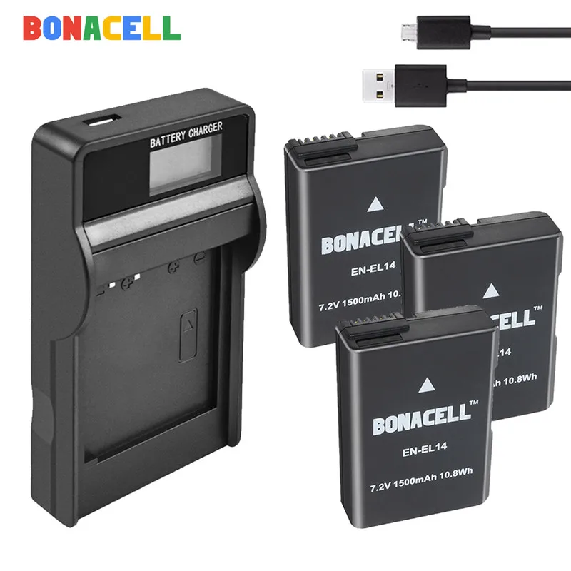 3 battery Charger BONACELL 7,4 V 1500 мА/ч, EN-EL14 ENEL14 RU EL14 Камера Батарея+ USB Зарядное устройство для Nikon D5200 D3100 D3200 D5100 P7000 P7100 MH-24 - Цвет: 3 battery Charger