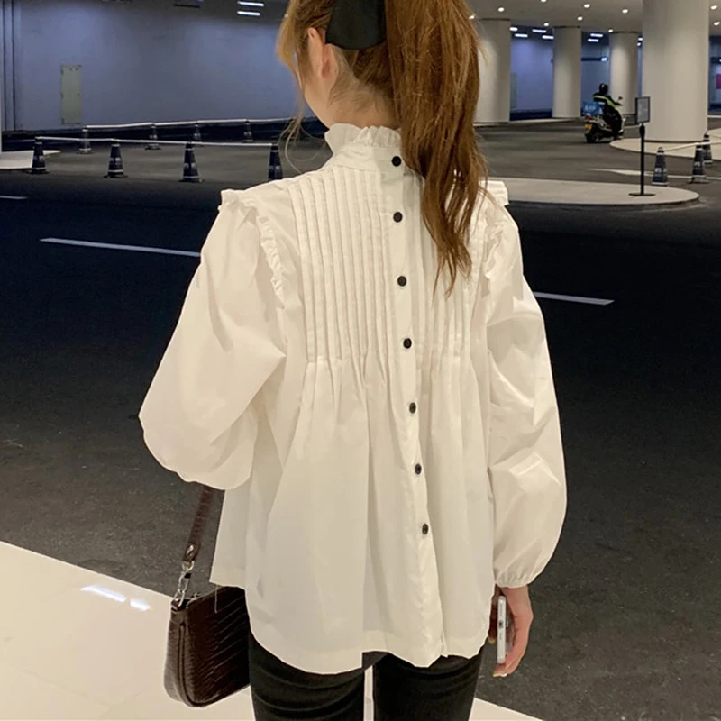 Cut Rate White Blouse Shirts Tops Pleated Long-Sleeve Korean Women Back-Button Spring Blusas Plus-Size xmQKMXqZ7jk