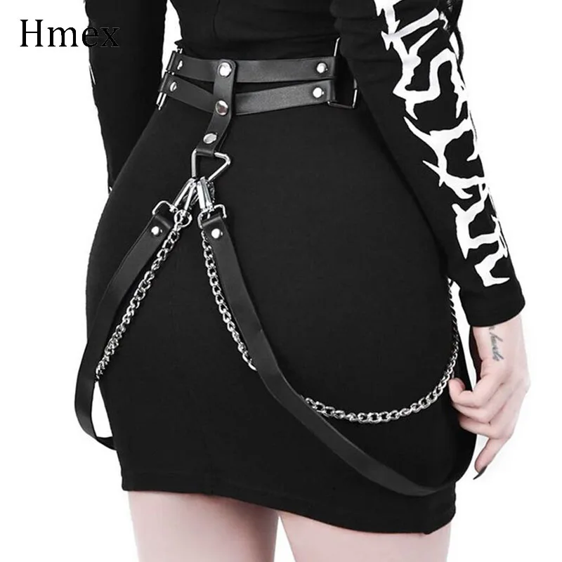 GothDoubleLayerLeatherGarterBeltChainSexyWomenMetalChainBelt