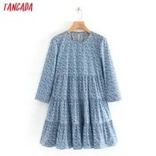 Tangada moda mujer flores estampado azul mini vestido tres cuartos manga señoras vintage vestidos cortos 2W125