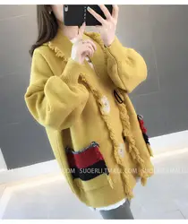 2019 новый стиль, весенне-осенний Однотонный свитер с карманами, женский кардиган, универсальный толстый свитер свободного кроя в Корейском