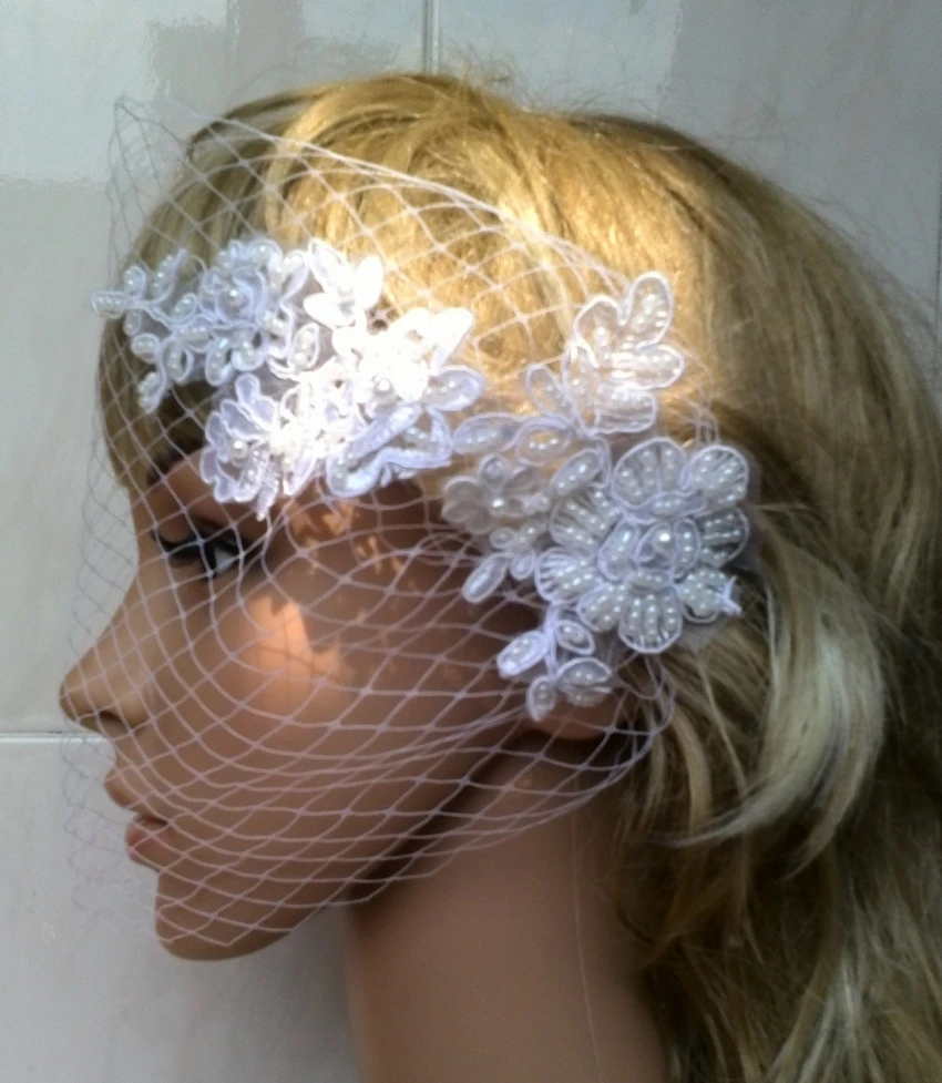 

Lace Appliques Wedding Veils Handmade Beading Birdcage Veils Face Blusher Netting for Bridal Wedding Accessories Customized
