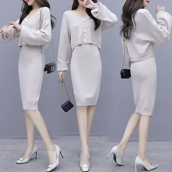 

7 colors Autumn Winter Women Sweater Elegant Knitted Two Piece Set Vintage Long Sleeve Cardigan Jacket Mini Skirt Set Female