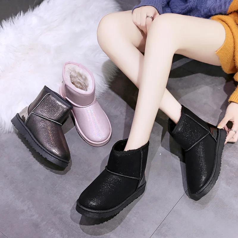 

2020 New Winter WomenSnow Boots Patent Leather Plus Velvet Warm Comfortable Cotton Shoes Waterproof Non-slip Ladies Short Boots