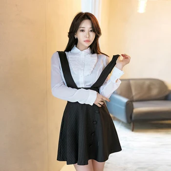 

Fashion white basic shirt new arrival elegant black mini a-line skirt 2 pieces sexy high quality work style cute women set