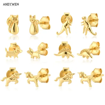 

ANDYWEN 925 Sterling Silver Dinosaur Cat Rhino Stud Earring Animal Stud Earring Fashion Fine Jewelry For Women Small Accessories