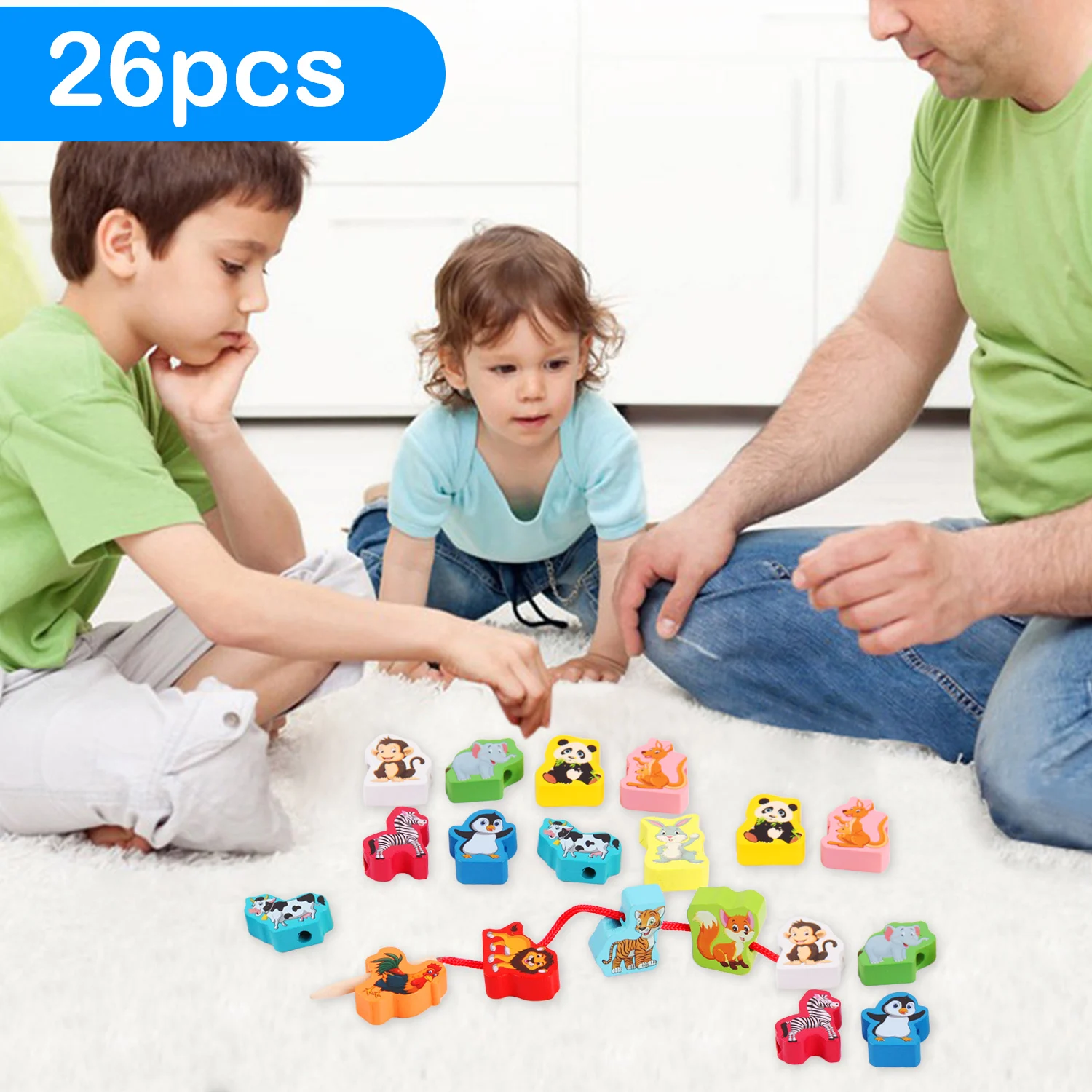 Kids 26pcs Montessori DIY Colored Wooden Cartoon Animals Shaped String Threading Lacing Beads Beading Game Jewelry Making Toys