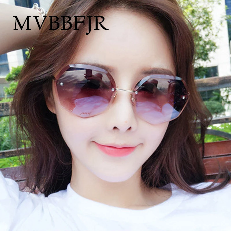 

MVBBFJR Fashion Rimless Women Sunglasses Shade Vintage Mirror Eyewear Gradient Pinkycolor Brand Design Big Frame Glasses UV400