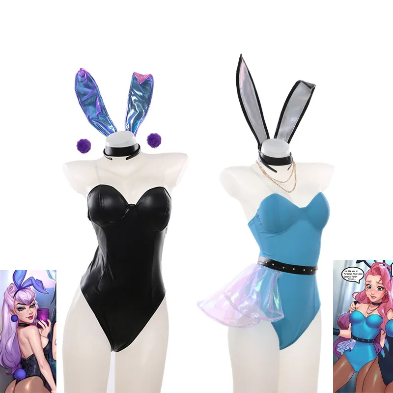 

Sexy Women Bunny Girl Cosplay LOL KDA Cos Seraphine Evelynn Cosplay Costumes with Bunny Ears Full Set Leather Party Dress