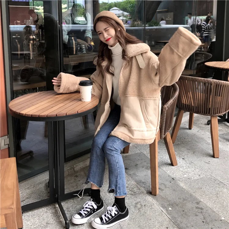 Зимняя Корейская новая стильная версия fang yang gao, плюшевое меховое повседневное теплое пальто с воротником-стойкой и кожаной пряжкой для женщин