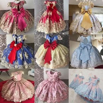 

Dresses for Girls Christmas Flower Lace Embroidery Kids Dresses for Elegant Wedding Party Girl Princess Autumn Winter Ball Gown