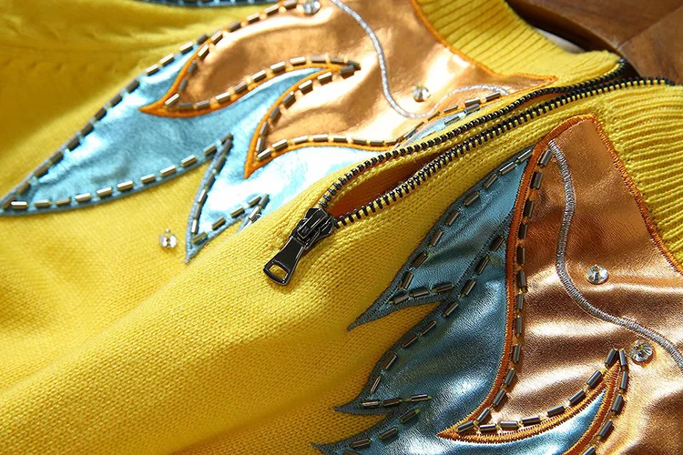 VERDEJULIAY Runway Yellow Sweater Autumn Winter Fashion New Luxury Beading Diamonds Patch European Top