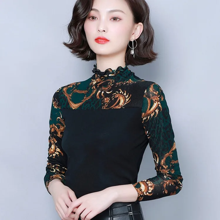 

Gauze Base Shirt Large Size Fat Mm Underwear Western Style Printed Joint Tops Autumn And Winter Slim Fit Half-Turtle-Neck Women'