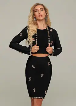 

Winter Women Fashion Black 2 Piece Bandage Dress 2019 Elegant Female Metal Lettle Chain Short Bodycon Party Dress