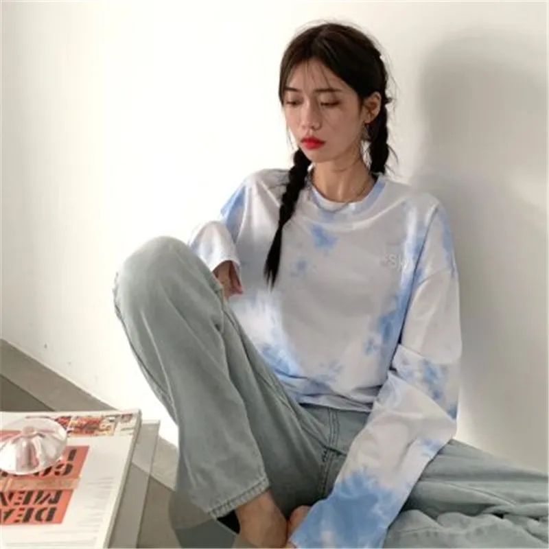 

2020 New Arrivals Korean Ins Personality Tie-dye T-shirts Female O-neck Long-sleeved Loose Tunic Casual Tops for Early Autumn