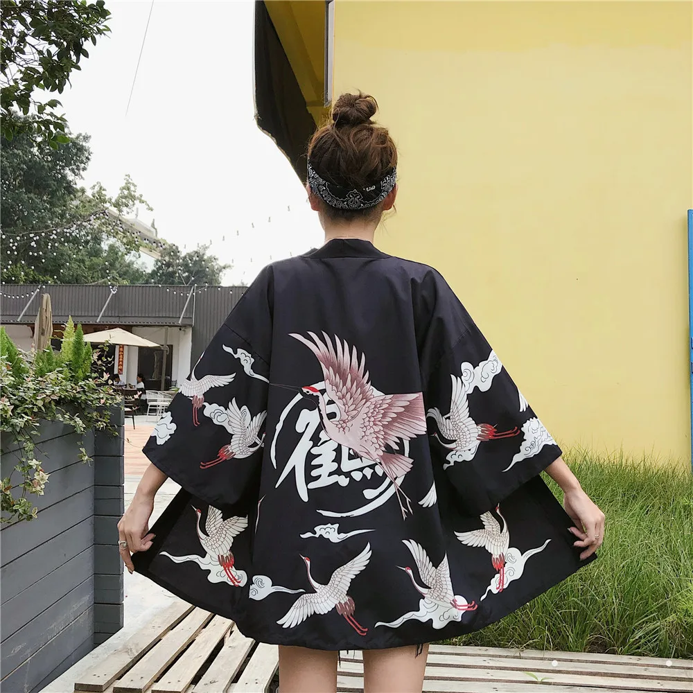 

2color Crane Print Samurai Kimono Women Novel Oriental Cultural Summer Autumn Thin Jacket Beach Clothes Cool Cardigan