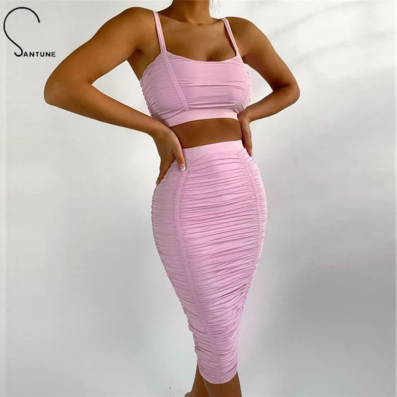 

Santune 2020 Summer Solid Bodycon Elegant Two Piece Set Pleated Sleeveless Pink 2 Piece Set Women Night Club Sexy Two Piece Set