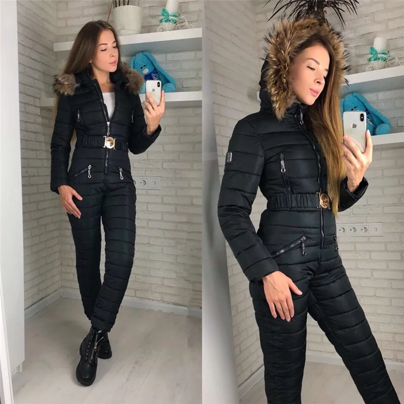 

2018 Autumn And Winter New Style Fashion Belt One-piece Ski Suit Women's Large Fur Collar Warm One-piece Cotton Coat