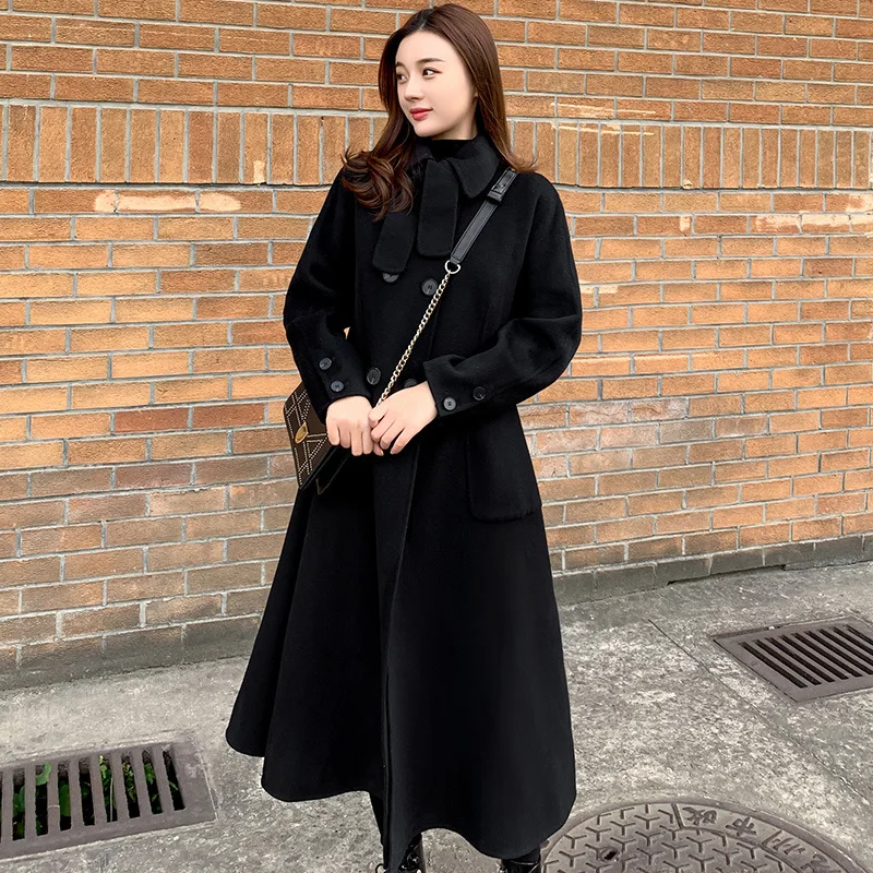 Зимние женские пальто большой размер шерстяная куртка Корейская версия Пальто приталенное черное пальто женское двубортное пальто 5XL
