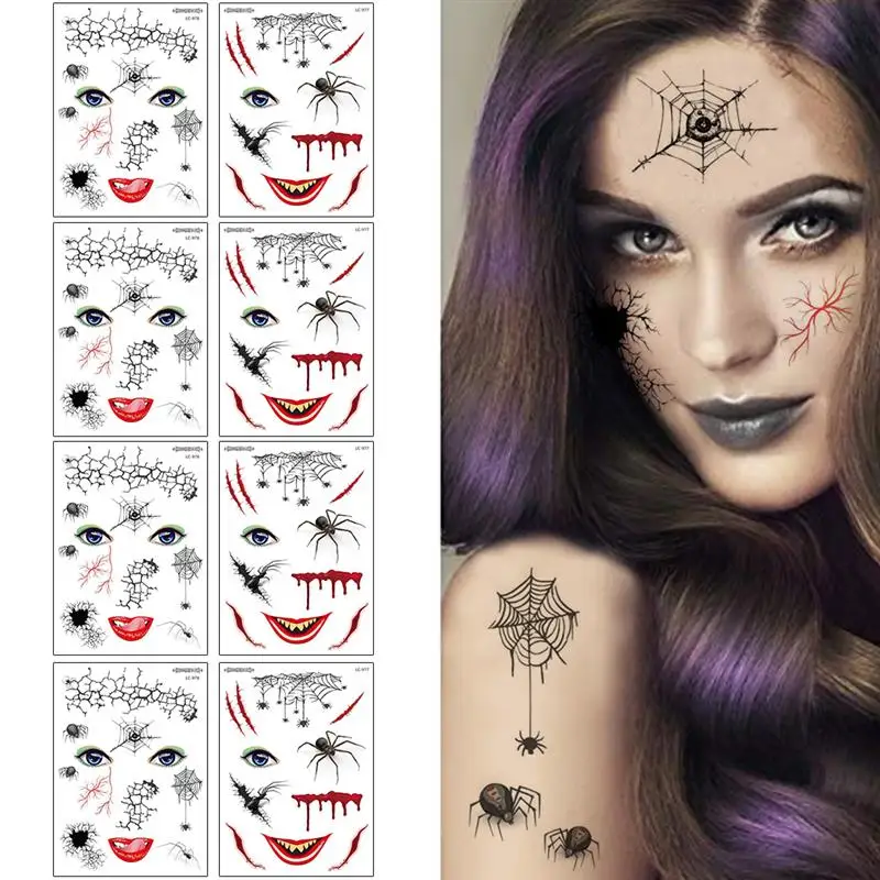 8 Sheet Halloween Face Sticker Scary Spooky Temporary Face Tattoo Makeup Disposable tattoo