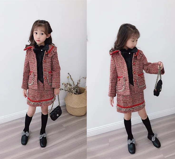 Новое платье для маленьких девочек 4-8 лет, осенний костюм красного цвета для девочек, шерстяное пальто с лацканами, короткая юбка, Детский костюм из 2 предметов