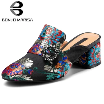 

BONJOMARISA Fashion Lady Summer Pumps Square Toe Slip On Flower Print Crystal Leisure Pumps Women Sqaure Heel Shoes Woman