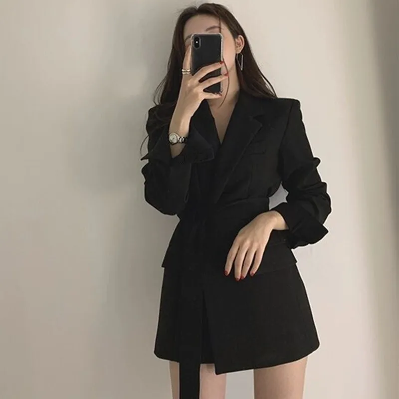 Women Black Beige Blazer Dress High Waist with Belt 2020 Autumn Slim Fit Work Bussiness Office Ladies Long Sleeve Outwear