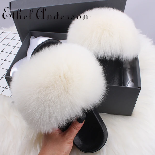 2021 Hot Sale Women Real Fox Fur Slippers Multi-color Summer Fashion Slides Casual Female Furry Shoes As picture