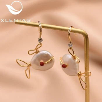

XlentAg Handmade Natural Baroque Pearls Fish Shape Dangle Earrings For Girl Daughter Cute Gift Women Cute Luxury Jewelry GE0802