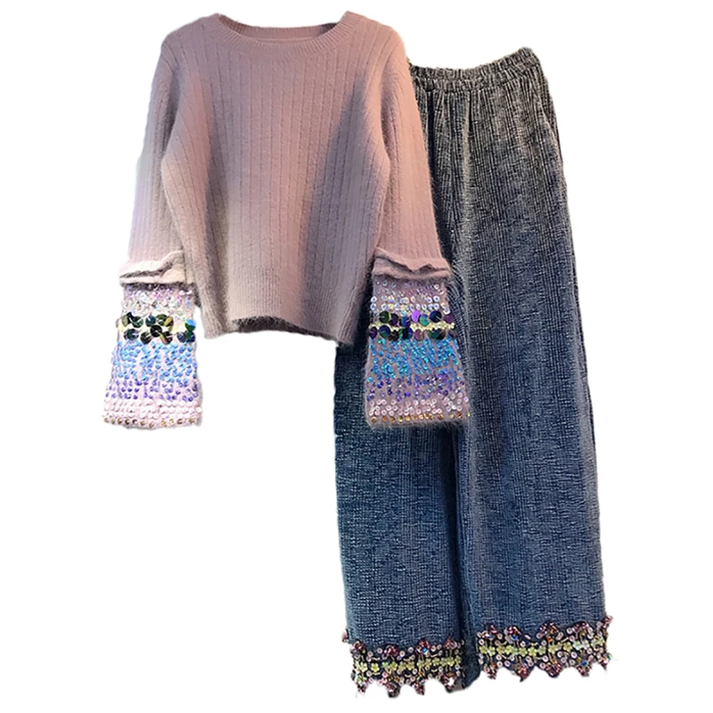 Neploe/ Новые осенне-зимние костюмы пуловер с блестками свитер+ тянущиеся широкие брюки на талии модные женские комплекты из двух предметов 54200