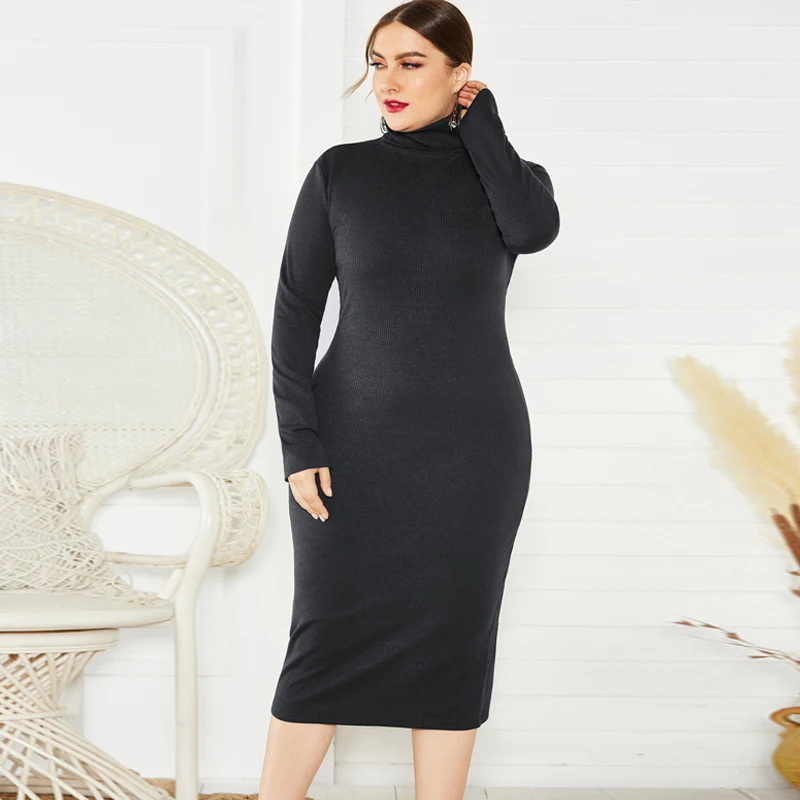 BHflutter 4XL 5XL 6XL Plus Size Winter Dress Women Long Sleeve Turtleneck Knitted Dress Ladies Sexy Bodycon Vintage Dresses