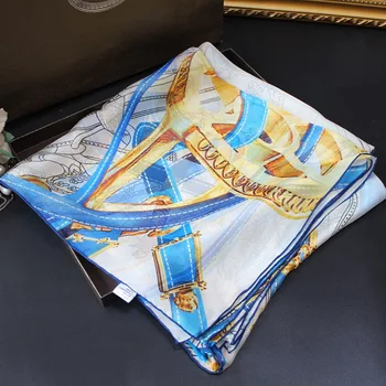 

Blue Belt Printing Scarf Chiffon Silk Blended Hand Rolled Edges 140*140cm