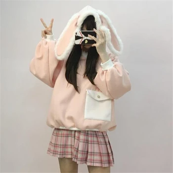 

2020 Winter autumn new Japanese soft girl sweet hooded rabbit ears pink long sleeve lolita sweater women