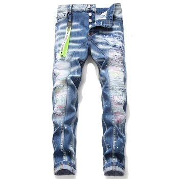 

New Men's Retro Holes Patch Stretch Jeans Skinny Ripped Pants Paint Splatter Light Blue Splicing Beggar Pants High quality