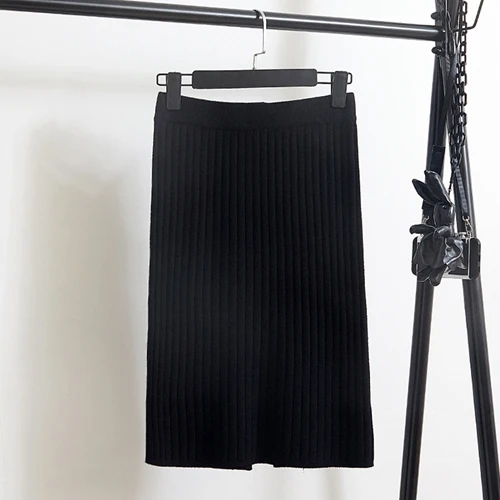 55cm Black TingYiLi трикотажные юбки женские осень зима теплая кофейная черная бежевая серая юбка Корейская элегантная средняя длинная юбка-карандаш разрез сзади - Цвет: 55cm Black