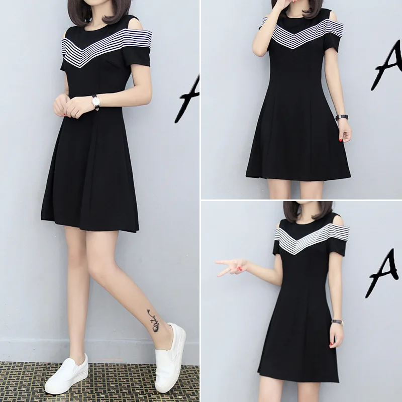 

New Products off-Shoulder Dress Women's Summer 2019 New Style Korean-style Mid-length Slim Fit Casual Slimming Black And White w
