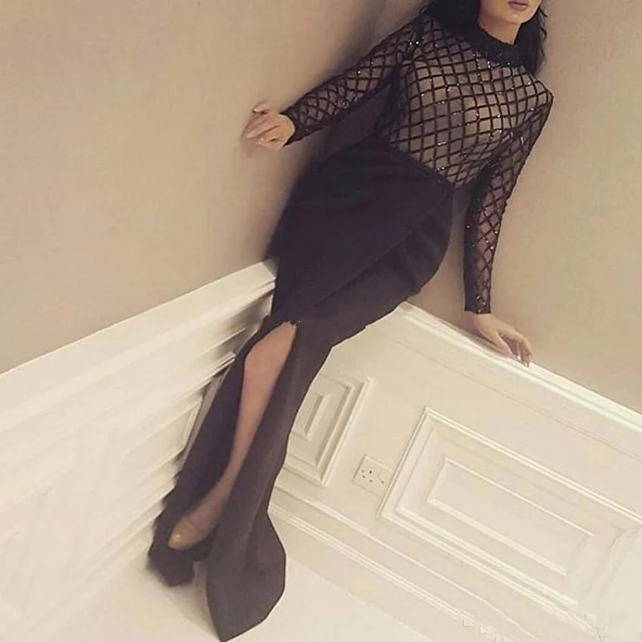 Elegant High Neck Beading Pattern Mermaid Prom Dresses Long Sleeve Evening Dress Women Party vestidos de gala kleider | Свадьбы и