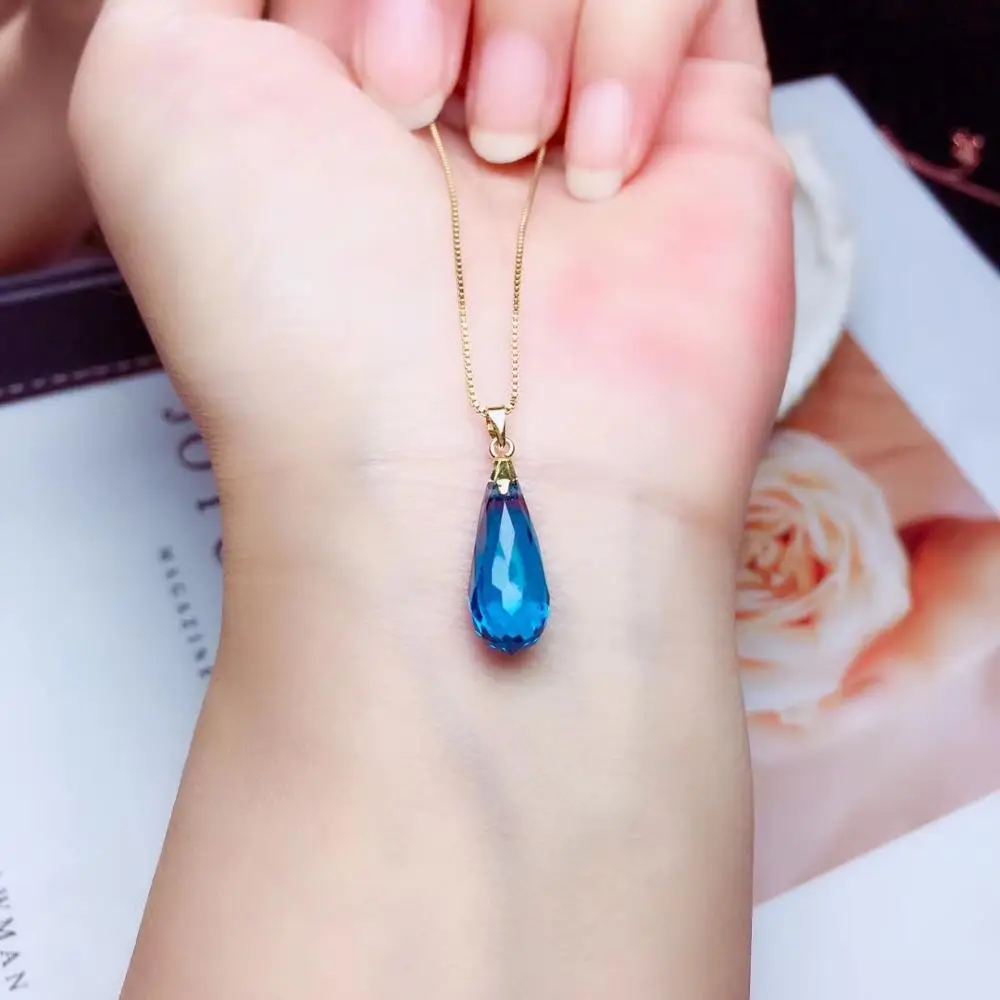 Elegant simple water drop natural blue topaz gem Pendant natural gemstone pendant 18k yellow gold Women girl party gift jewelery