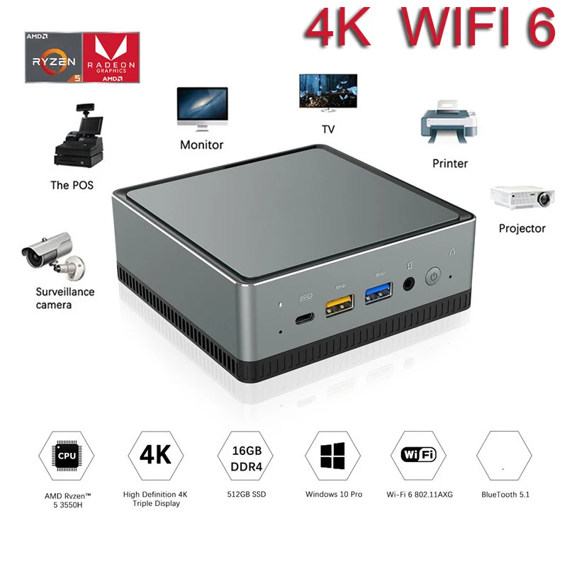 Mini PC DMAF5 Windows 10 AMD Rvzen 5 3550H 4 núcleos 16GB 512GB WIFI 6 4K HD Dispositivo de TV inteligente reproductor de medios 1000M LAN Bluetooth 5,1
