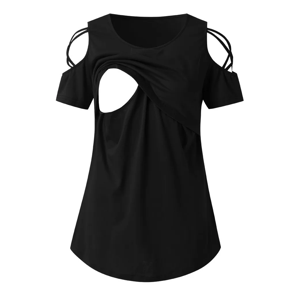 Женская одежда для грудного вскармливания, топы для кормящих, короткий рукав, ремешки, холодное плечо, футболки polera de lactancia# Y2 - Цвет: Черный