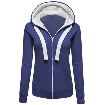 

2020 women European and American sweater women's jacket Solid color stitching zipper long sleeve drawstring hooded