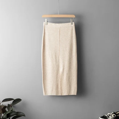 Женская трикотажная юбка, осенне-зимняя облегающая юбка-карандаш с высокой талией, Женская миди вязаная повседневная юбка выше колена - Цвет: oatmeal