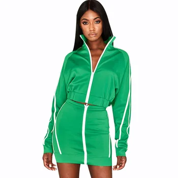 

NORMOV Women Splice Streak Sweatshirt Suit Autumn High Collar Long Sleeve Zipper Short Skirt Two-Piece Set Female Solid Set
