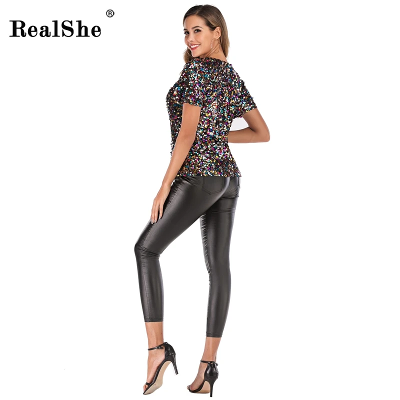 RealShe Tshirt Women O-Neck Short Sleeve Sequins T Shirt Women Summer Casual Elegant T-shirt Femme Fashion Women's T-shirts