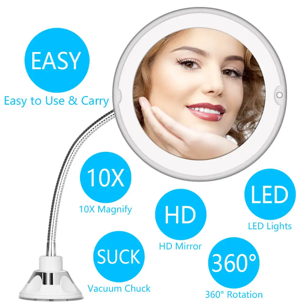LED Light Makeup Mirror Lamp 10X Magnifier Battery Vanity Magnifying Glass Make Up Mini Bath Cosmetic Bathroom Smart Suction Cup