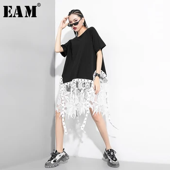 

[EAM] Women Black Ribbon Laec Split Temperament Dress New Round Neck Short Sleeve Loose Fit Fashion Spring Summer 2020 1T466