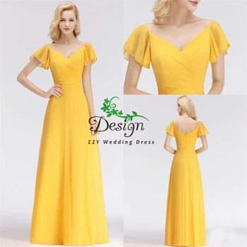 

New Arrivals ! Yellow Chiffon Cap Sleeves V-neck Chiffon A Line V Neck Pleats Long Wedding Guest Dress Evening Prom Dresses Wear