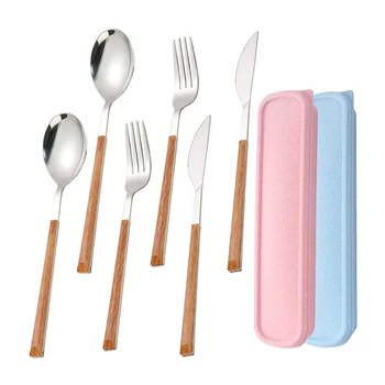

6Pcs Portable Cutlery Set with 2 Cases,Stainless Steel Knife Fork Spoon with Wood Grain Handle,for Travel Office Camping