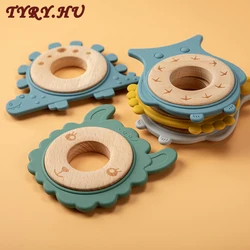 TYRY.HU 1Pc Baby Silicone Teether Wooden Ring Teether Cartoon Animal Shaped Baby Teething Pendant Newborn Gifts Accessories
