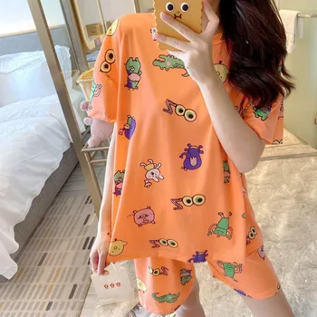 

Summer Women Short-sleeved Printed Pajamas Loose Plus Size Girl Two-piece HOT